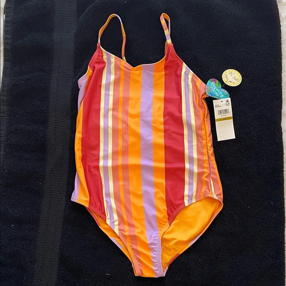 Vibrant Striped Kids One Piece Swimsuit with laced back net